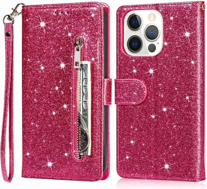 iPhone 14 Pro Max Hoesjes – Glitter Portemonneehoes – Rits & Koord – Pasjeshouder – Roze-Ilumina Benelux