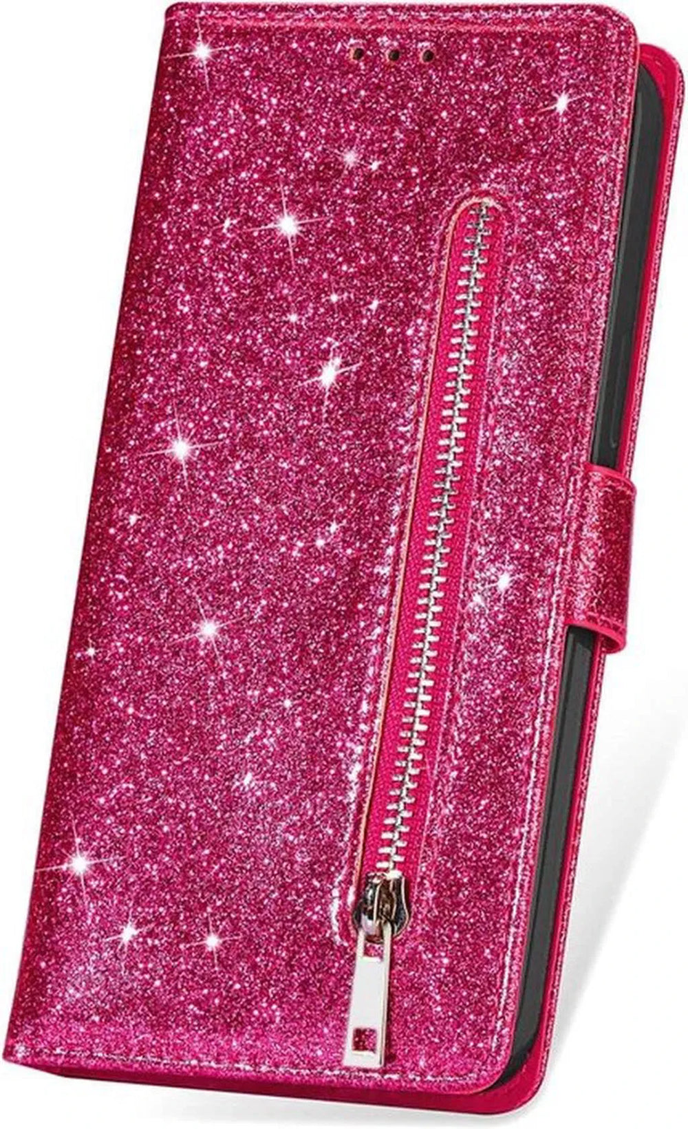 iPhone 14 Pro Max Hoesjes – Glitter Portemonneehoes – Rits & Koord – Pasjeshouder – Roze-Ilumina Benelux