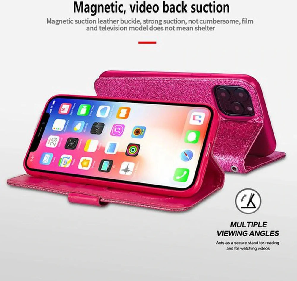 iPhone 14 Pro Max Hoesjes – Glitter Portemonneehoes – Rits & Koord – Pasjeshouder – Roze-Ilumina Benelux