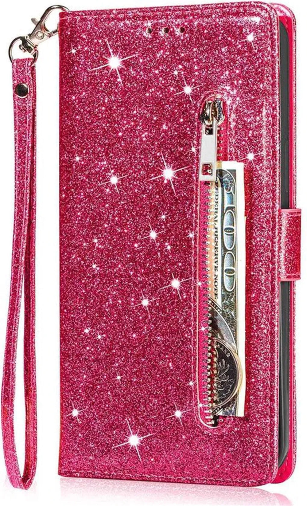 iPhone 14 Pro Max Hoesjes – Glitter Portemonneehoes – Rits & Koord – Pasjeshouder – Roze-Ilumina Benelux