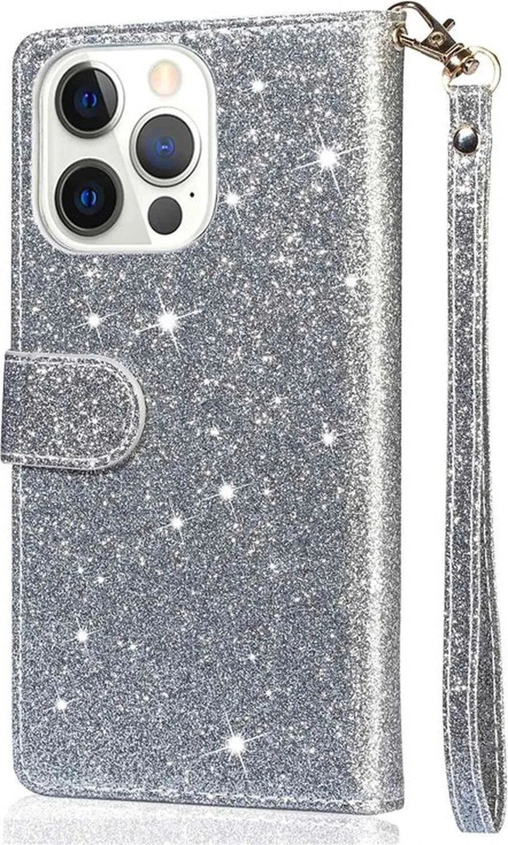 iPhone 14 Pro Hoesjes – Glitter Portemonnee Hoes – Rits & Koord – Pasjeshouder – Zilver-Ilumina Benelux
