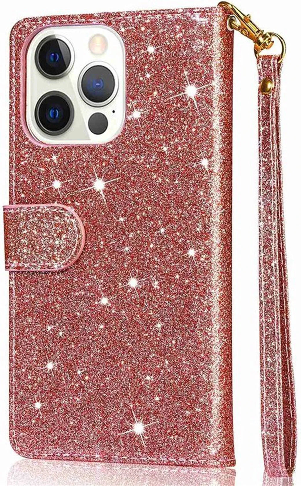 iPhone 14 Pro Hoesjes – Glitter Portemonnee Hoes – Rits & Koord – Pasjeshouder – Roségoud-Ilumina Benelux