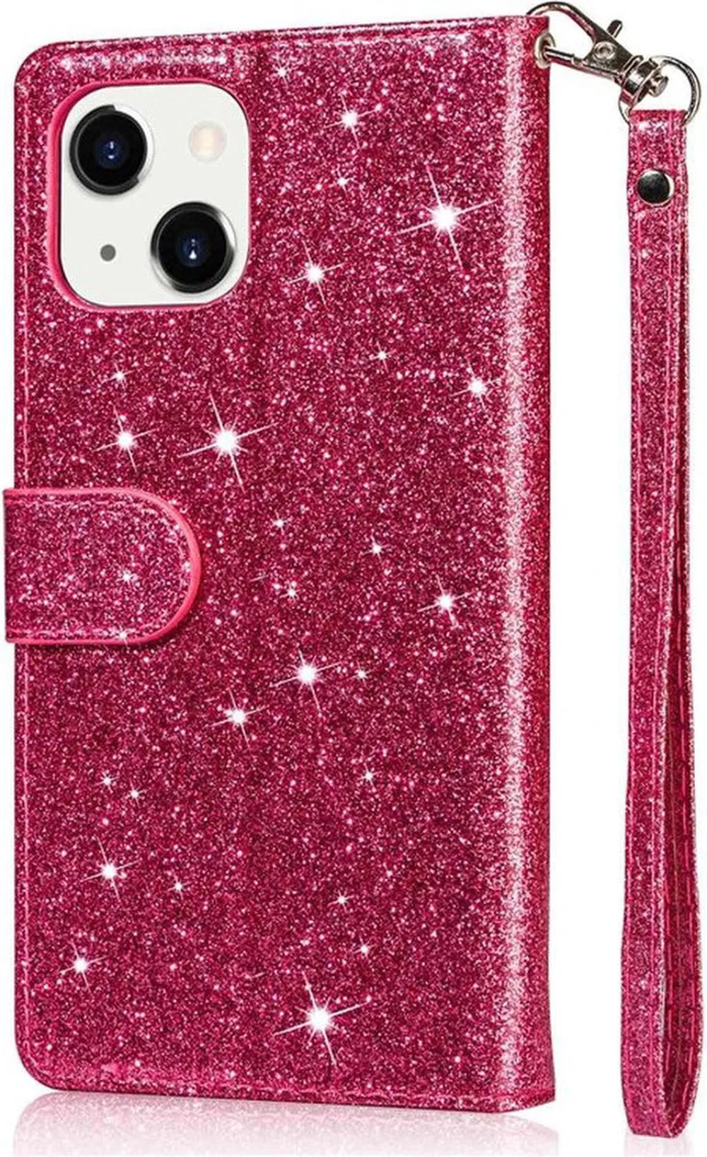 iPhone 14 Plus Hoesjes – Glitter Portemonnee Hoes – Rits & Koord – Pasjeshouder – Roze-Ilumina Benelux