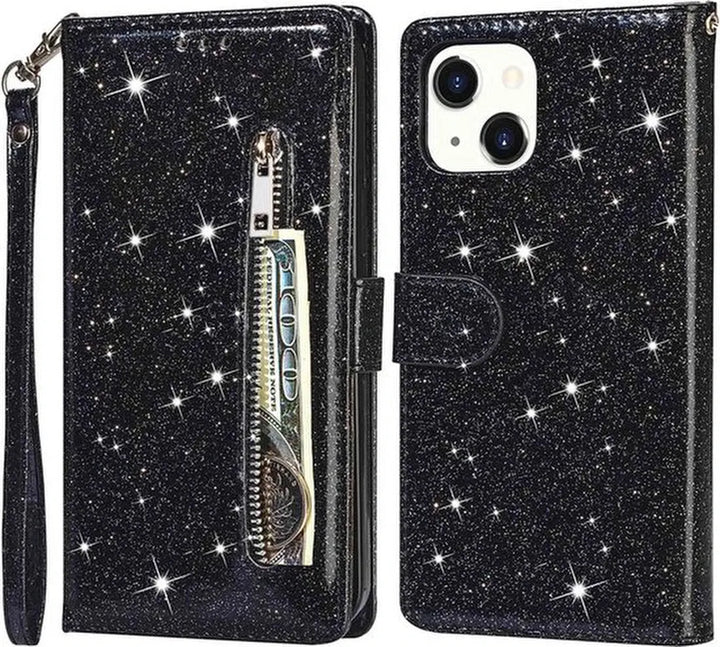 iPhone 14 Plus Hoesjes – Glitter Portemonneehoes – Rits & Koord – Pasjeshouder – Zwart-Ilumina Benelux