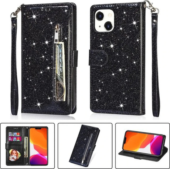 iPhone 14 Plus Hoesjes – Glitter Portemonneehoes – Rits & Koord – Pasjeshouder – Zwart-Ilumina Benelux