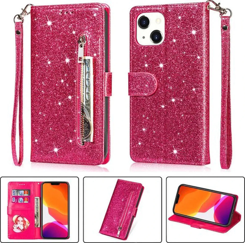 iPhone 14 Hoesjes – Glitter Portemonnee Hoes – Rits & Koord – Pasjeshouder – Roze-Ilumina Benelux