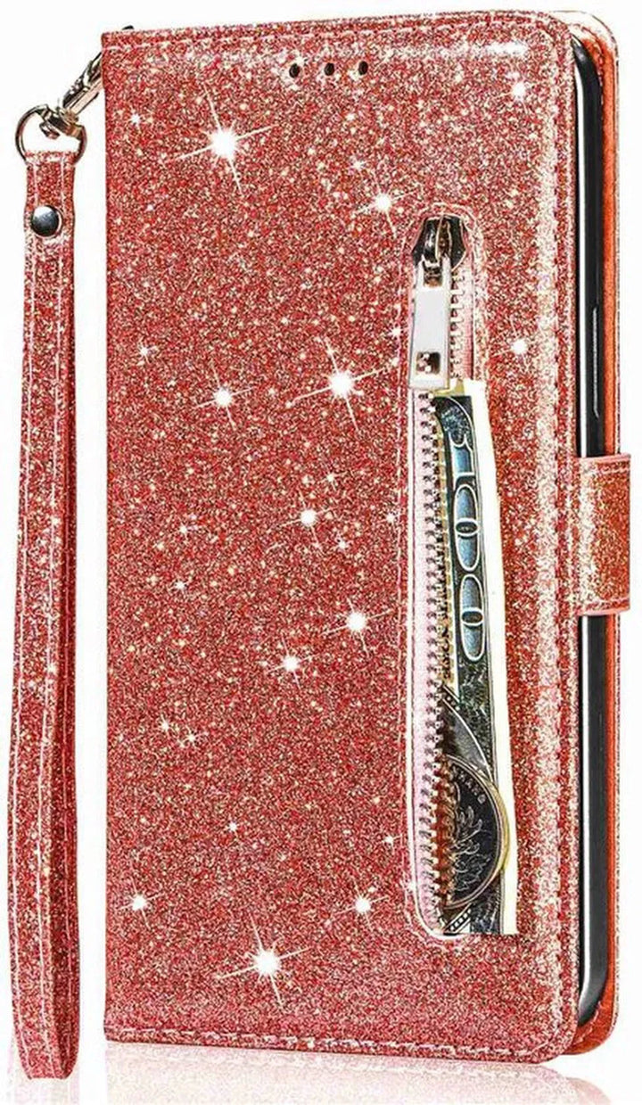 iPhone 14 Hoesjes – Glitter Portemonnee Hoes – Rits & Koord – Pasjeshouder – Roségoud-Ilumina Benelux
