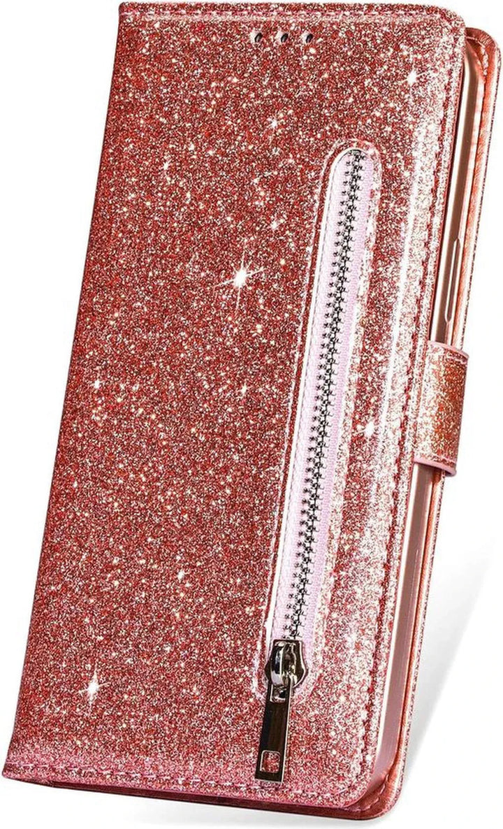 iPhone 12 Hoesjes – Glitter Portemonnee Hoes – Rits & Koord – Pasjeshouder – Roségoud-Ilumina Benelux