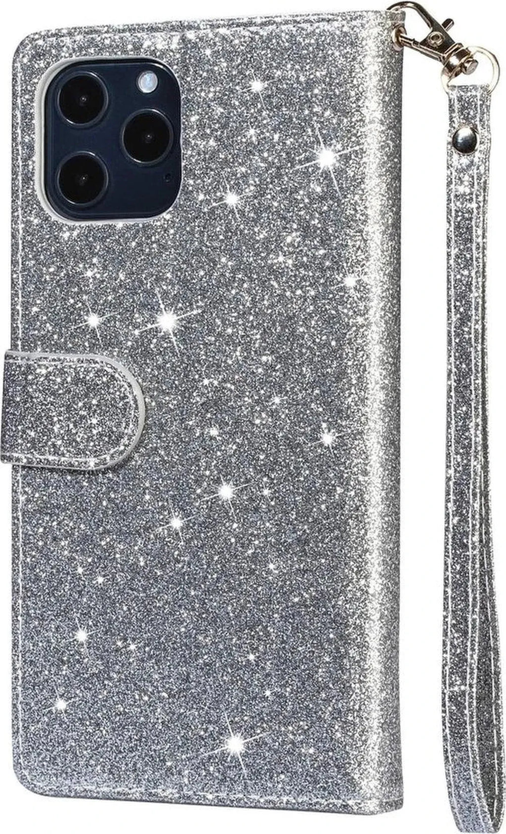 iPhone 12 Mini Hoesjes – Glitter Portemonnee Hoes – Rits & Koord – Zilver-Ilumina Benelux