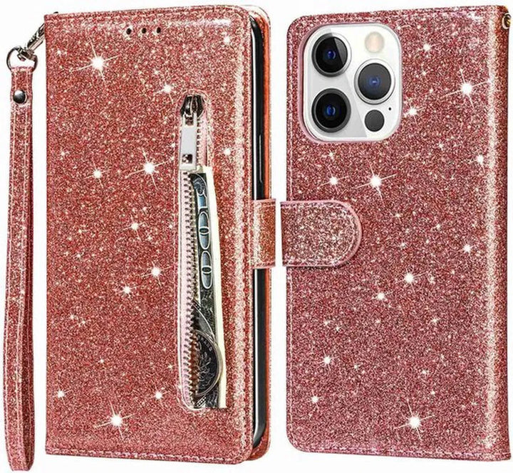 iPhone 13 Pro Max Hoesjes – Glitter Portemonnee Hoes – Rits & Koord – Roségoud-Ilumina Benelux