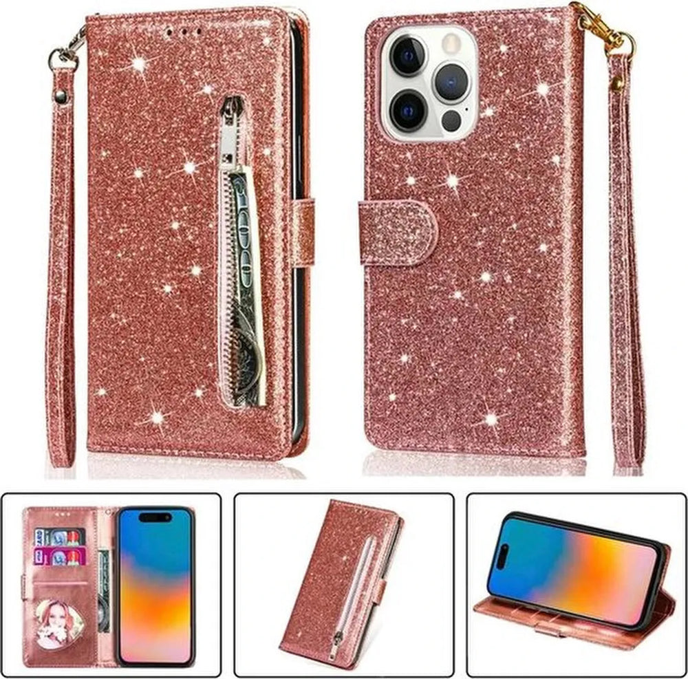 iPhone 13 Pro Max Hoesjes – Glitter Portemonnee Hoes – Rits & Koord – Roségoud-Ilumina Benelux