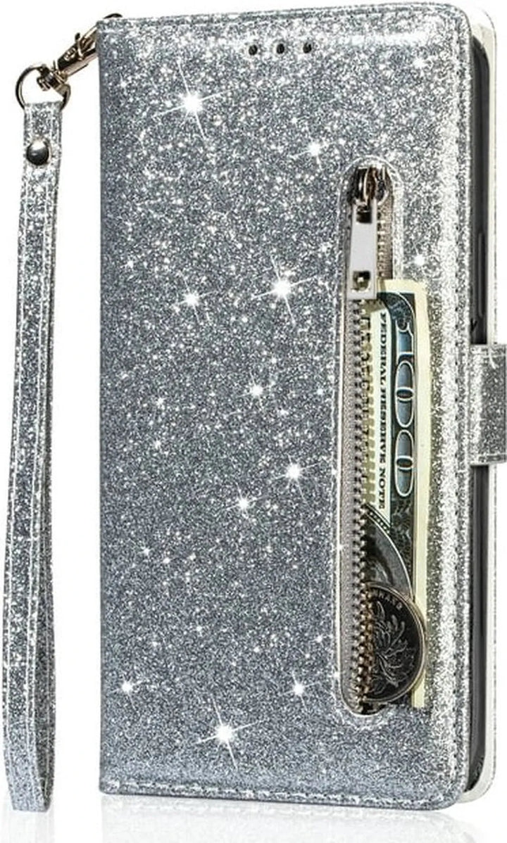 iPhone 13 Mini Hoesjes – Glitter Portemonnee Hoes – Rits & Koord – Pasjeshouder – Zilver-Ilumina Benelux