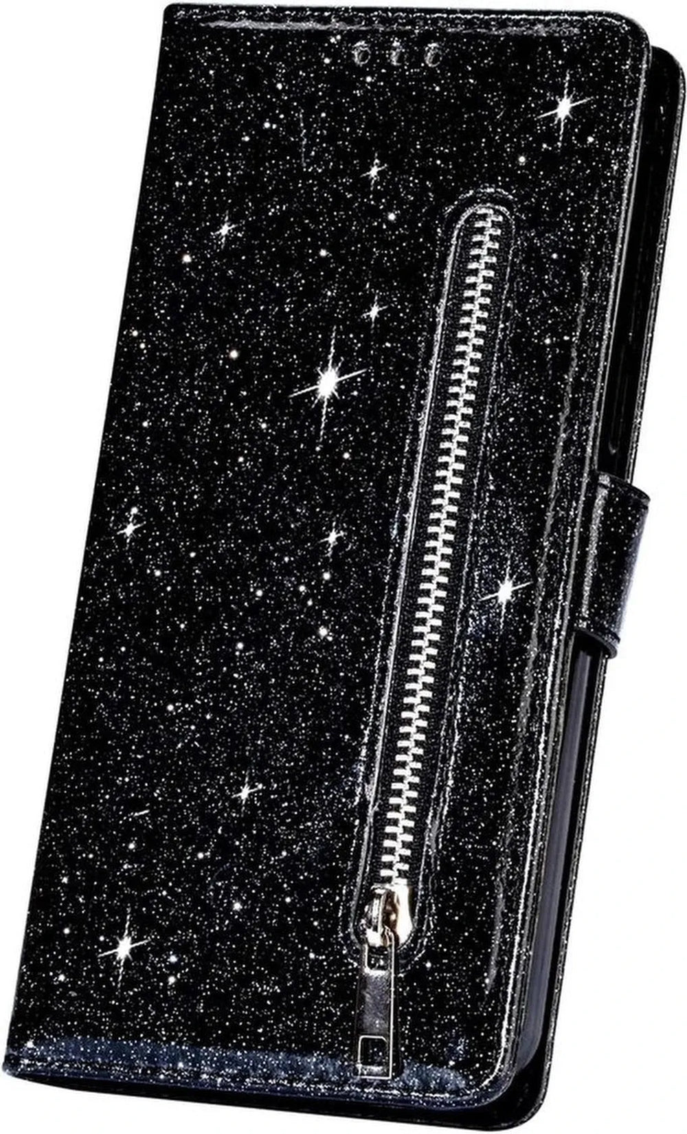 iPhone 12 Pro Max Hoesjes – Glitter Portemonnee Hoes – Rits & Koord – Pasjeshouder – Zwart-Ilumina Benelux