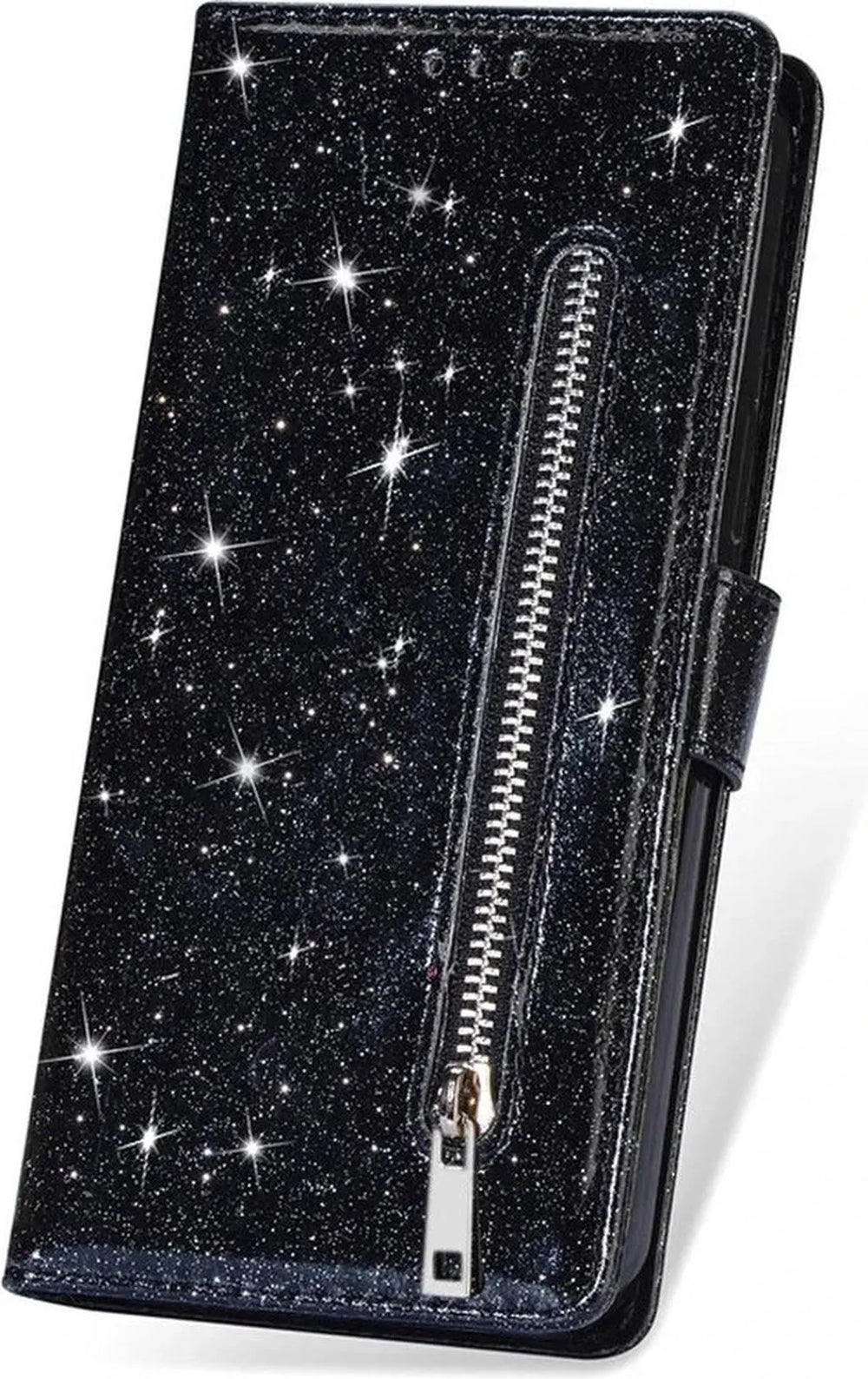 iPhone 13 Mini Hoesjes – Glitter Portemonnee Hoes – Rits & Koord – Pasjeshouder – Zwart-Ilumina Benelux