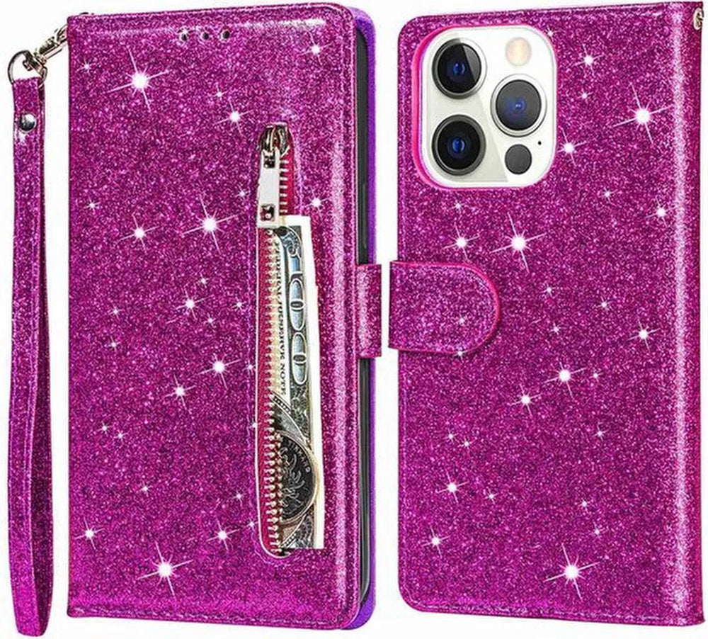 iPhone 13 Pro Max Hoesjes – Glitter Portemonneehoes – Rits & Koord – Pasjeshouder – Paars-Ilumina Benelux