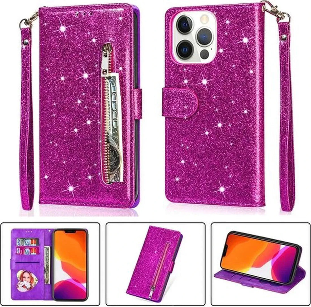iPhone 13 Pro Max Hoesjes – Glitter Portemonneehoes – Rits & Koord – Pasjeshouder – Paars-Ilumina Benelux