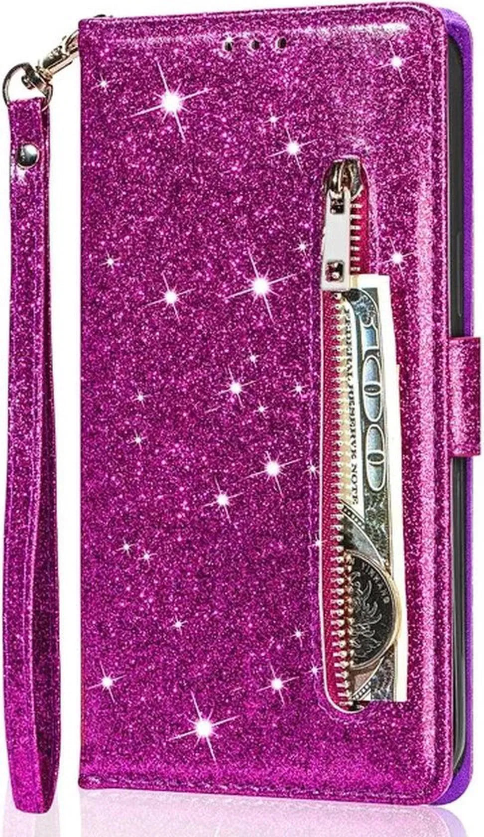iPhone 13 Pro Max Hoesjes – Glitter Portemonneehoes – Rits & Koord – Pasjeshouder – Paars-Ilumina Benelux