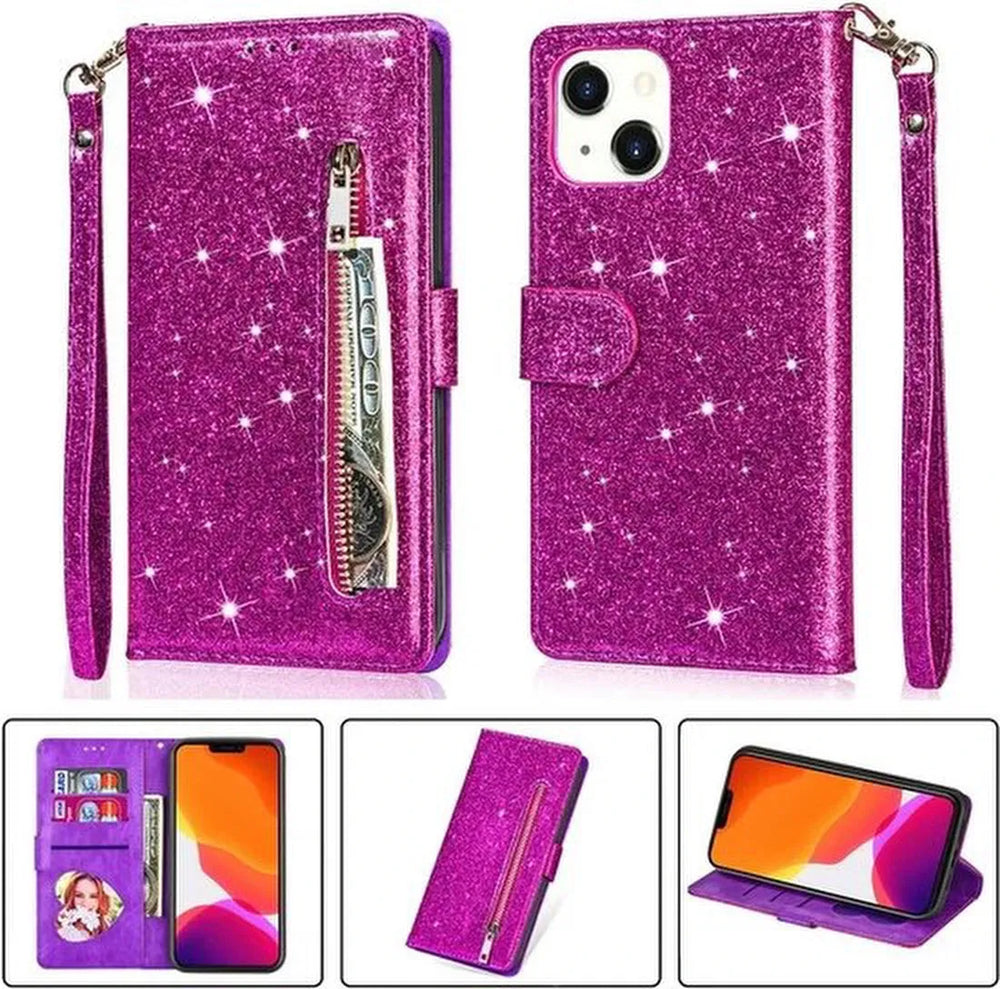 iPhone 13 Mini Hoesjes – Glitter Portemonnee Hoes – Rits & Koord – Pasjeshouder – Paars-Ilumina Benelux