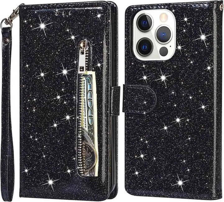 iPhone 13 Pro Max Hoesjes – Glitter Portemonnee Hoes – Rits & Koord – Pasjeshouder – Zwart-Ilumina Benelux