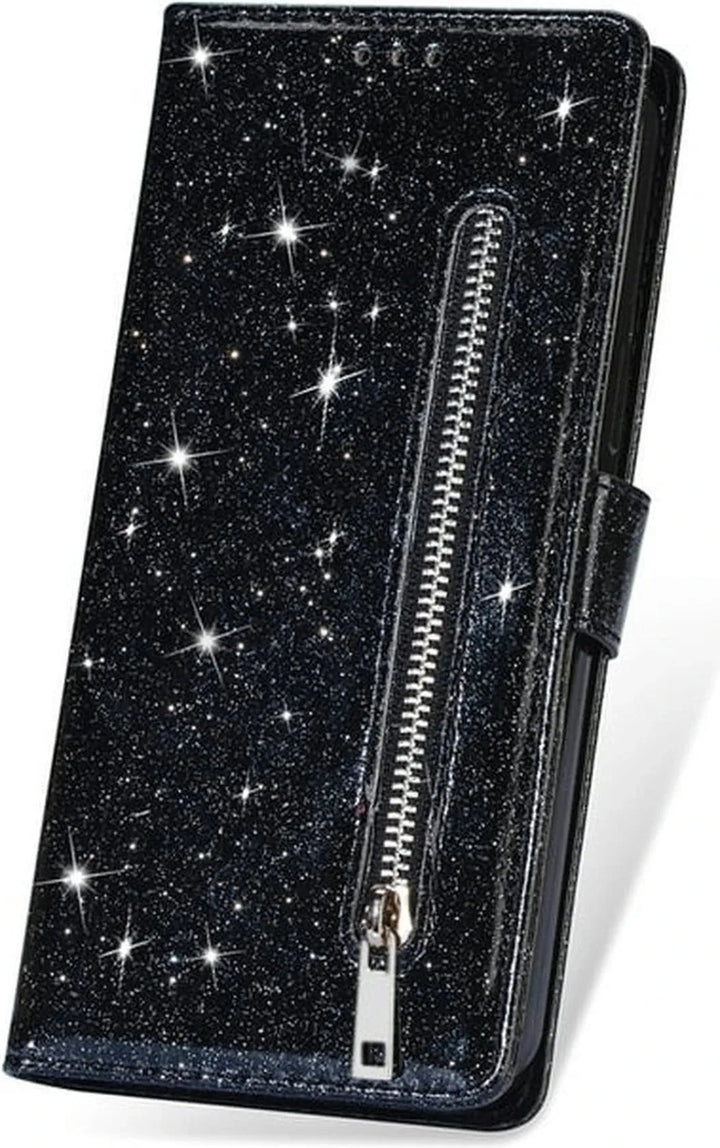 iPhone 12 Mini Hoesjes – Glitter Portemonnee Hoes – Rits & Koord – Pasjeshouder – Zwart-Ilumina Benelux
