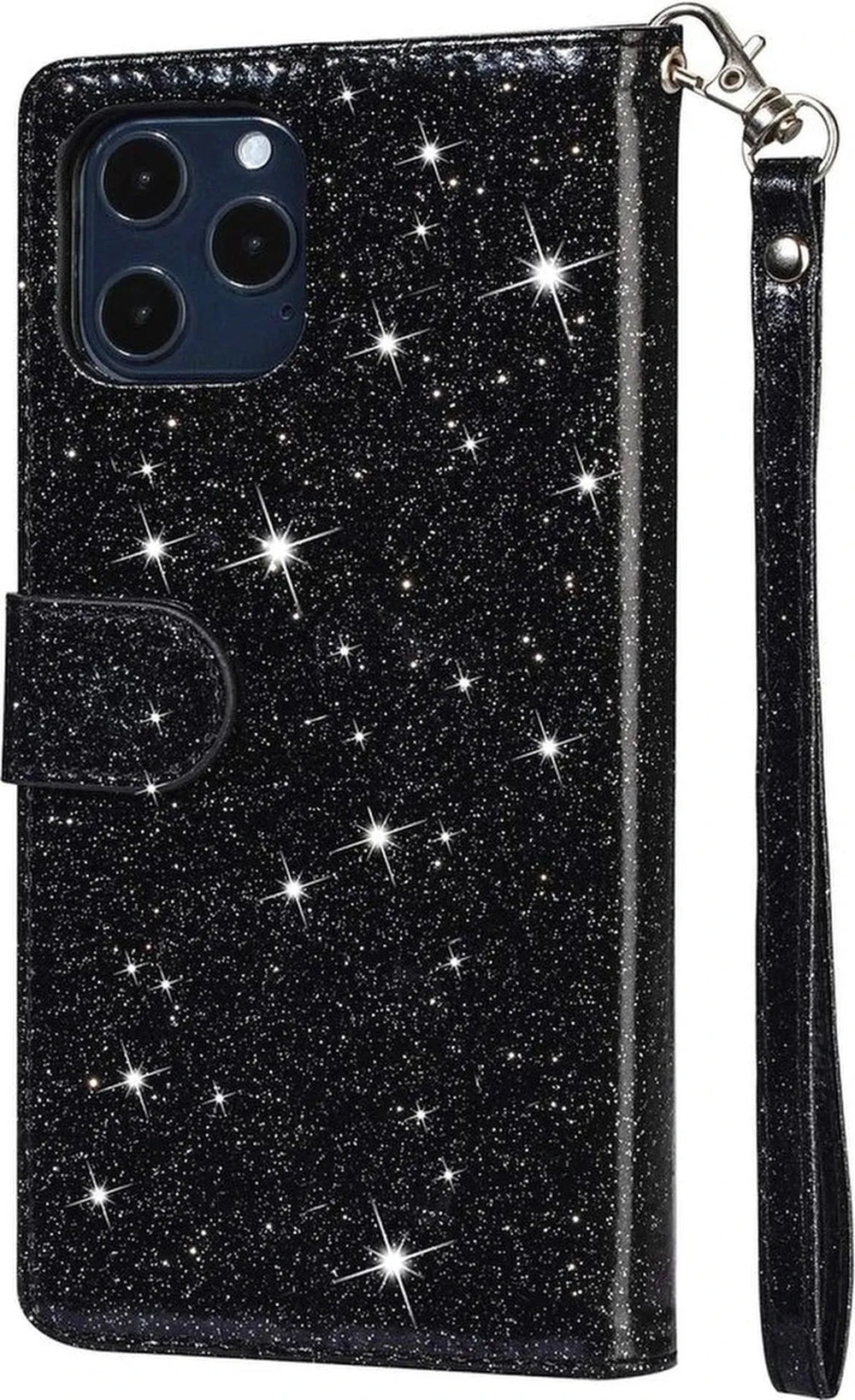 iPhone 12 Mini Hoesjes – Glitter Portemonnee Hoes – Rits & Koord – Pasjeshouder – Zwart-Ilumina Benelux