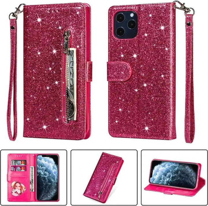 iPhone 12 Pro Hoesjes – Glitter Portemonneehoes – Rits & Koord – Pasjeshouder – Roze-Ilumina Benelux