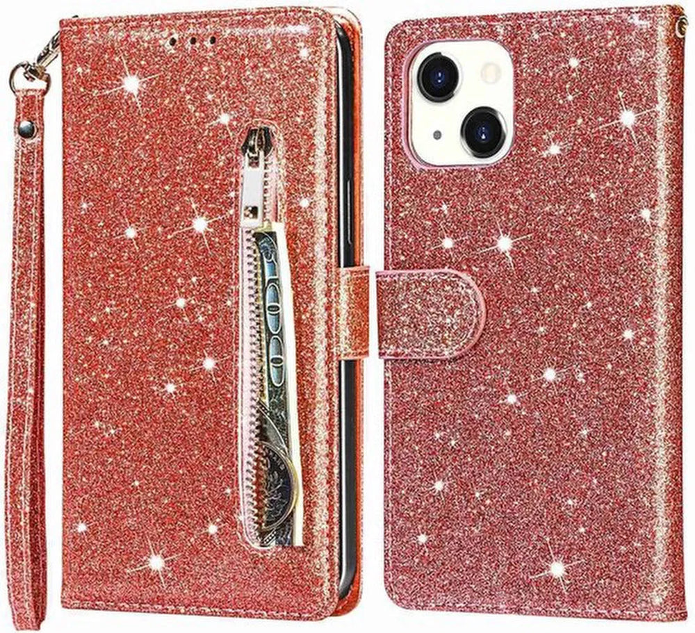 iPhone 13 Mini Hoesjes – Glitter Portemonnee Hoes – Rits & Koord – Roségoud-Ilumina Benelux