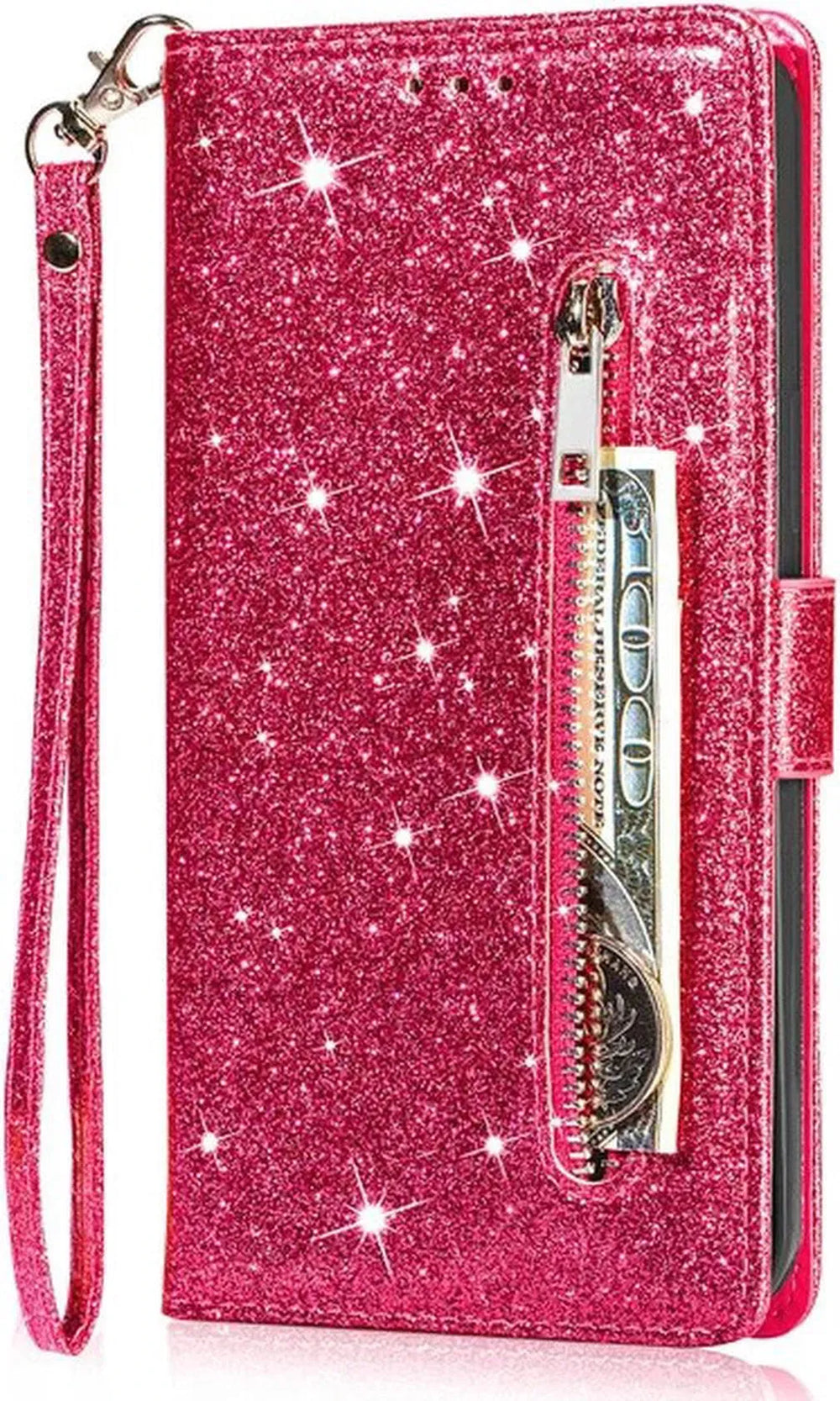iPhone 13 Mini Hoesjes – Glitter Portemonnee Hoes – Rits & Koord – Roze-Ilumina Benelux