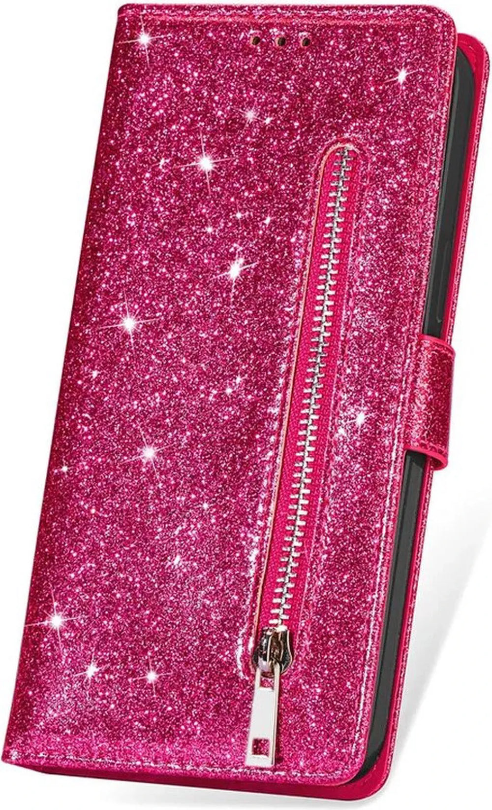 iPhone 13 Mini Hoesjes – Glitter Portemonnee Hoes – Rits & Koord – Roze-Ilumina Benelux