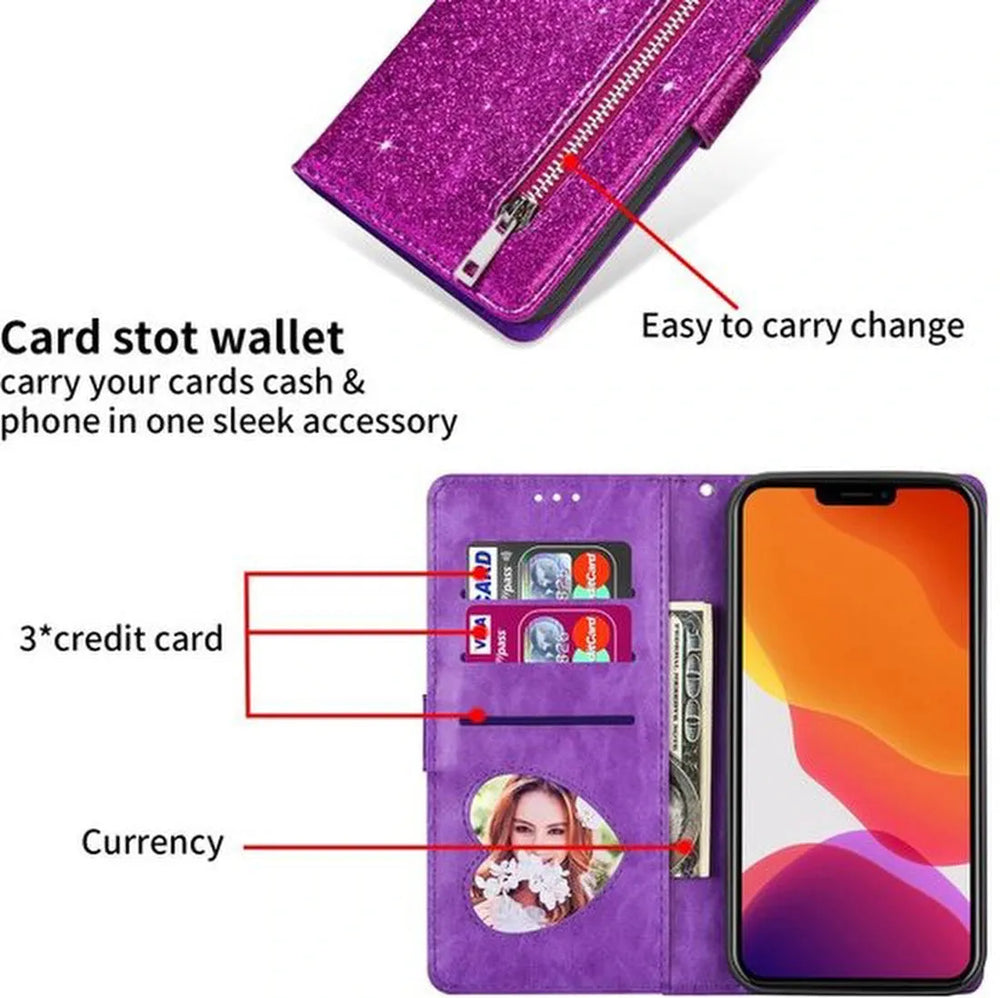 iPhone 13 Hoesjes – Glitter Portemonnee Hoes – Rits & Koord – Pasjeshouder – Paars-Ilumina Benelux
