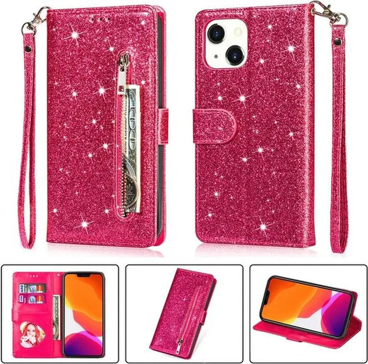 iPhone 13 Pro Hoesjes – Glitter Portemonnee Hoes – Rits & Koord – Pasjeshouder – Roze-Ilumina Benelux