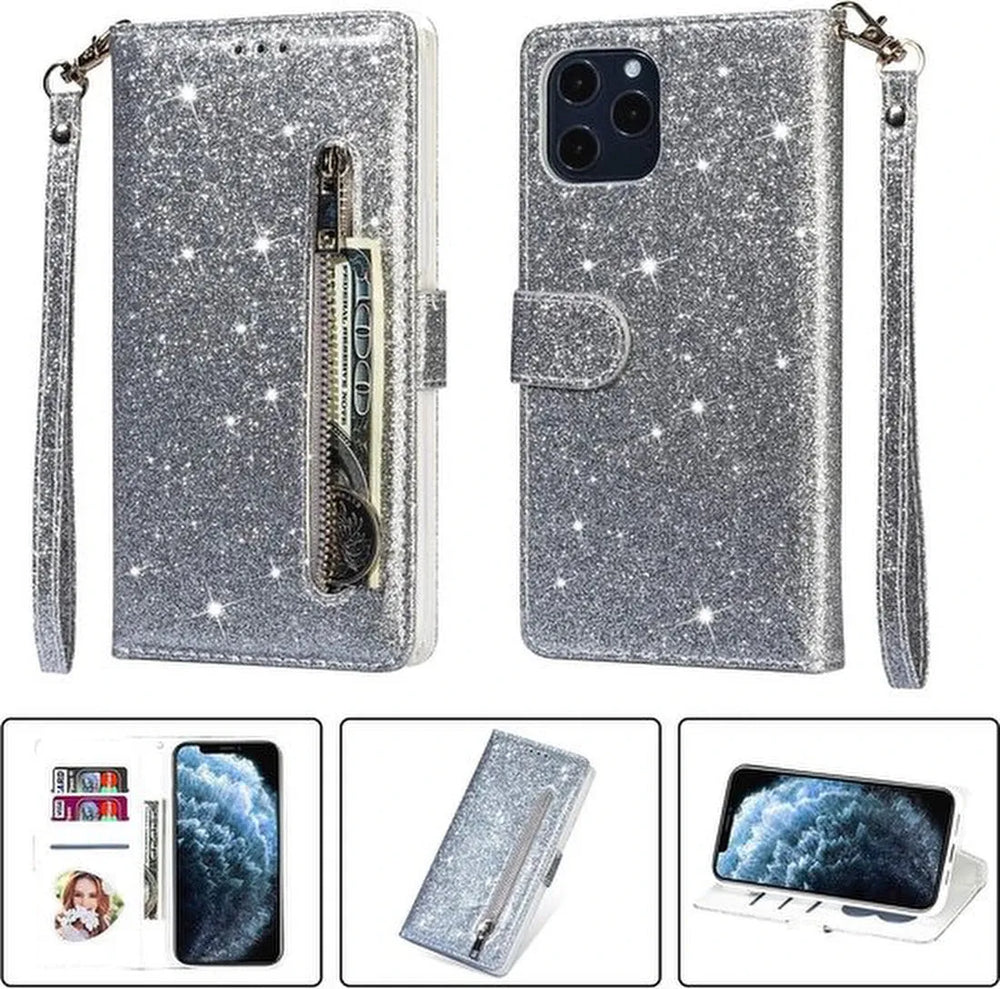 iPhone 11 Pro Hoesjes – Glitter Portemonnee Hoes – Rits & Koord – Pasjeshouder – Zilver-Ilumina Benelux