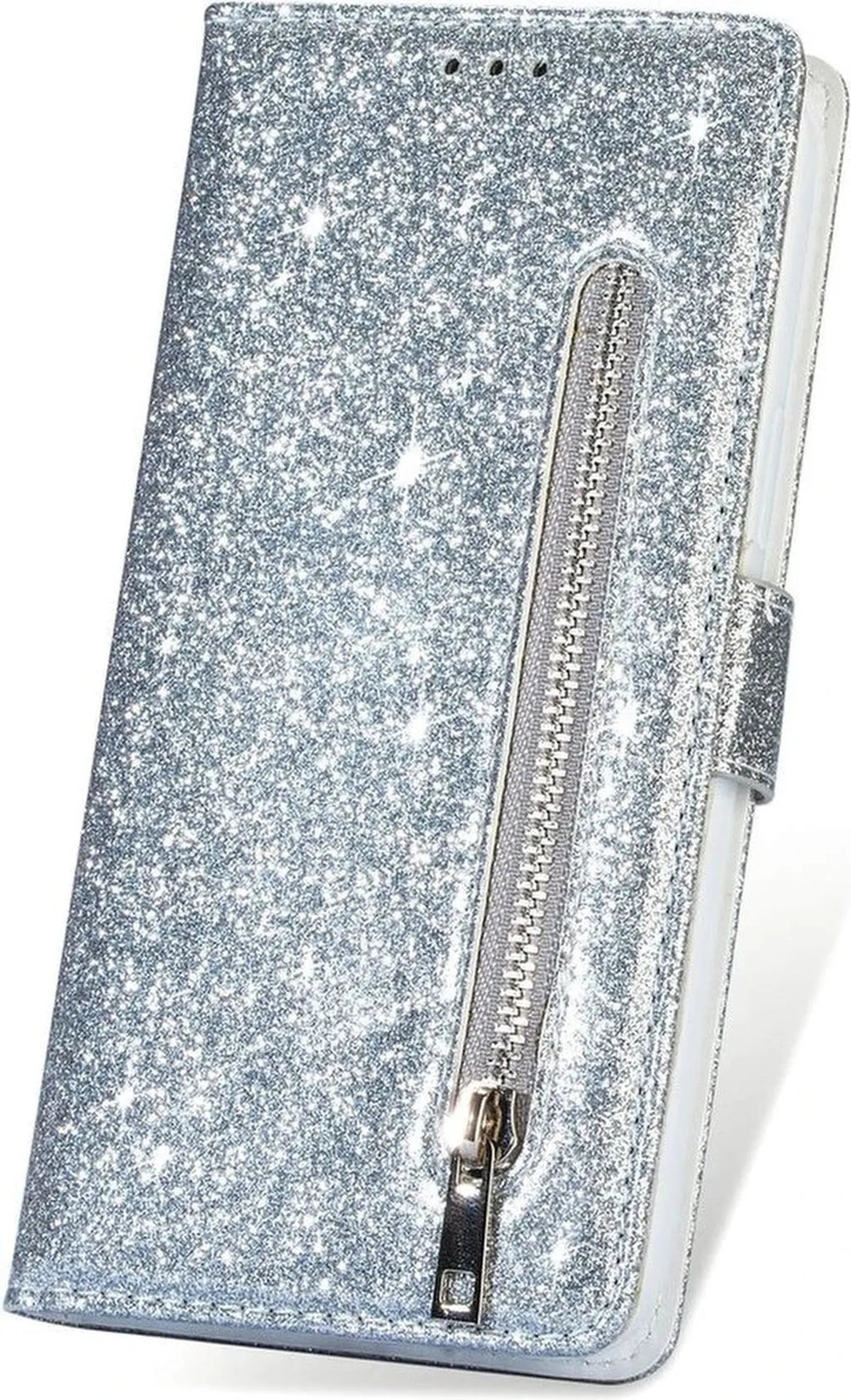 iPhone 11 Pro Hoesjes – Glitter Portemonnee Hoes – Rits & Koord – Pasjeshouder – Zilver-Ilumina Benelux