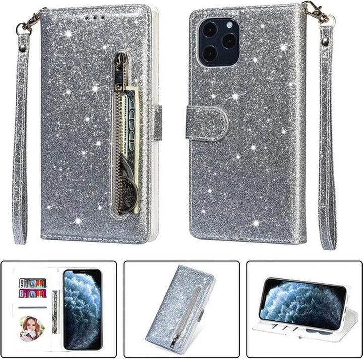 iPhone 11 Hoesjes – Glitter Portemonnee Hoes – Rits & Koord – Zilver-Ilumina Benelux