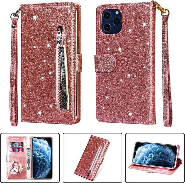 iPhone 11 Hoesjes – Glitter Portemonnee Hoes – Rits & Koord – Roségoud-Ilumina Benelux