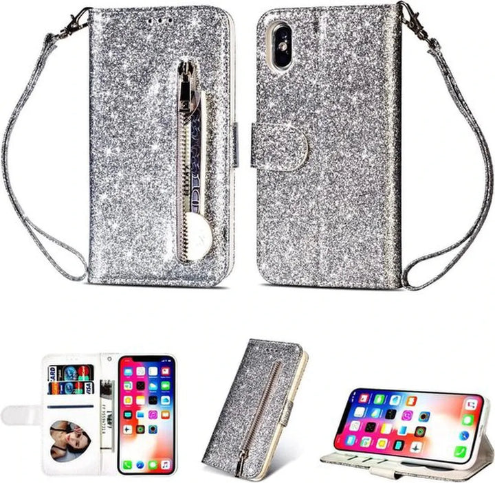 iPhone X / XS Hoesjes – Glitter Portemonnee Hoes – Rits & Koord – Zilver-Ilumina Benelux