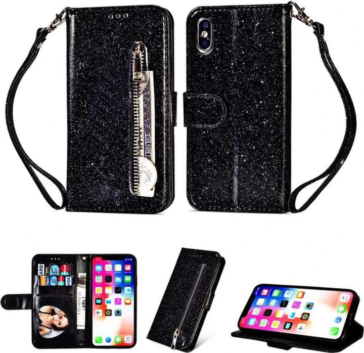 iPhone X / XS Hoesjes – Glitter Portemonnee Hoes – Rits & Koord – Pasjeshouder – Zwart-Ilumina Benelux