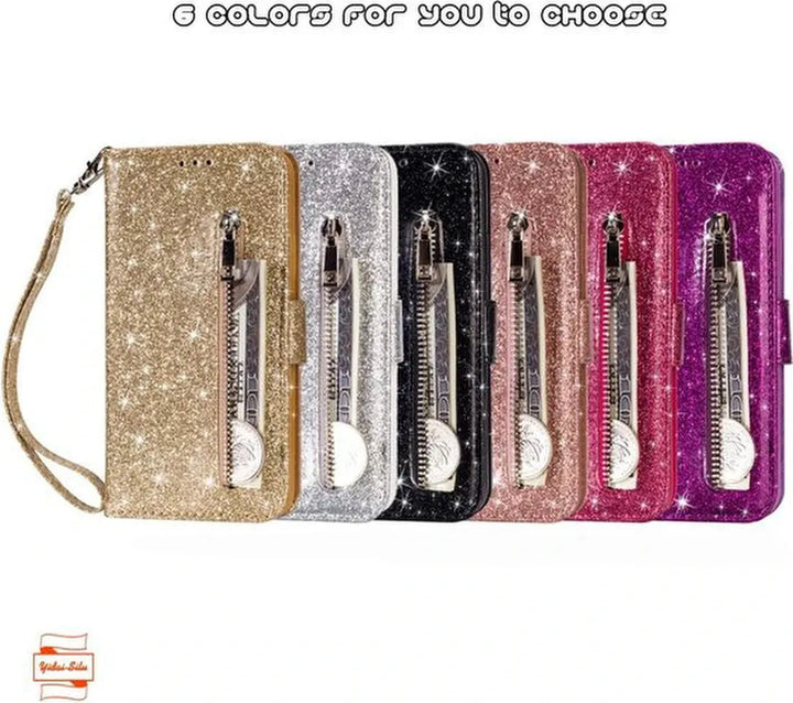 iPhone XR Hoesjes – Glitter Portemonnee Hoes – Rits & Koord – Pasjeshouder – Roségoud-Ilumina Benelux