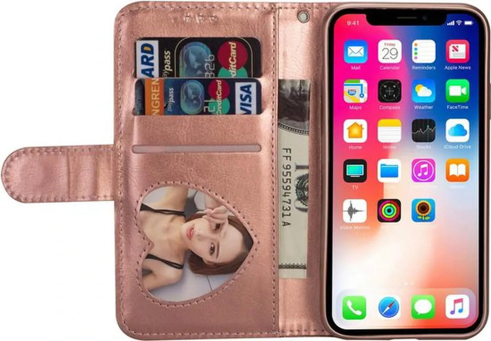 iPhone XR Hoesjes – Glitter Portemonnee Hoes – Rits & Koord – Pasjeshouder – Roségoud-Ilumina Benelux