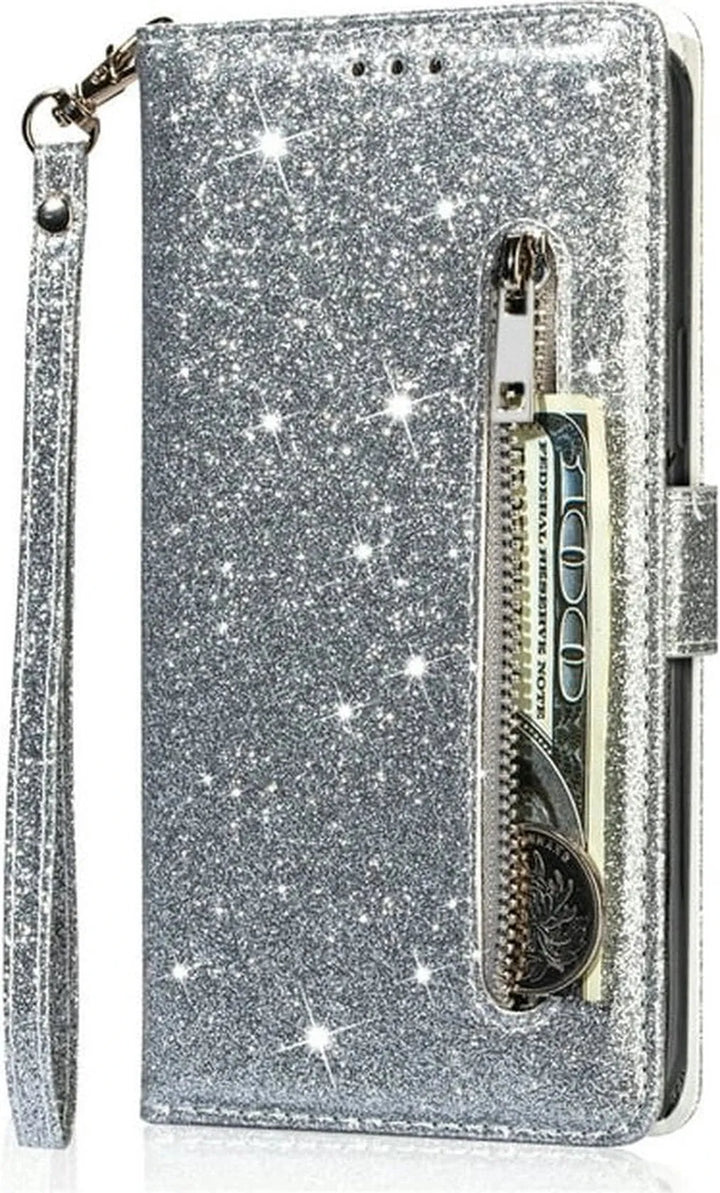 Samsung Galaxy S23 Ultra Hoesjes – Glitter Portemonnee Hoes – Rits & Koord – Zilver-Ilumina Benelux