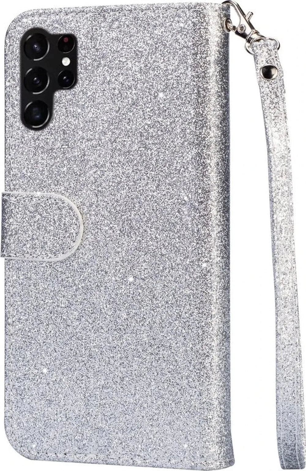 Samsung Galaxy S23 Ultra Hoesjes – Glitter Portemonnee Hoes – Rits & Koord – Zilver-Ilumina Benelux