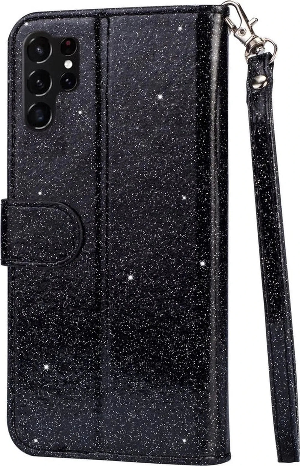 Samsung Galaxy S23 Ultra Hoesjes – Glitter Portemonneehoes – Rits & Koord – Pasjeshouder – Zwart-Ilumina Benelux