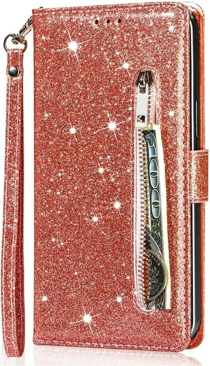 Samsung Galaxy S23 Ultra Hoesjes – Glitter Portemonnee Hoes – Rits & Koord – Pasjeshouder – Roségoud-Ilumina Benelux