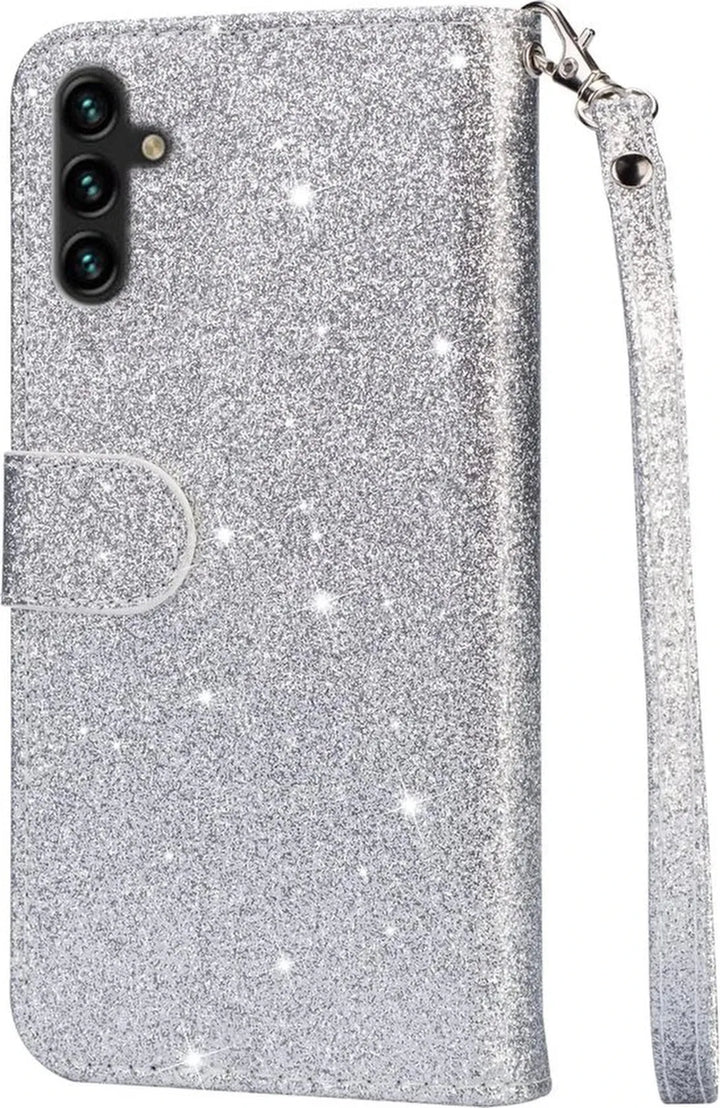 Samsung Galaxy S23 Hoesjes – Glitter Portemonnee Hoes – Rits & Koord – Zilver-Ilumina Benelux