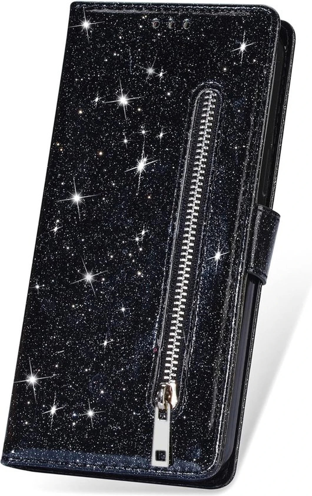 Sparkly Glitter Wallet Hoesje met Rits & Koord Geschikt voor: Samsung Galaxy S23 - Zwart