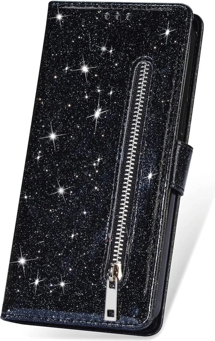 Samsung Galaxy S23 Hoesjes – Glitter Portemonnee Hoes – Rits & Koord – Pasjeshouder – Zwart-Ilumina Benelux