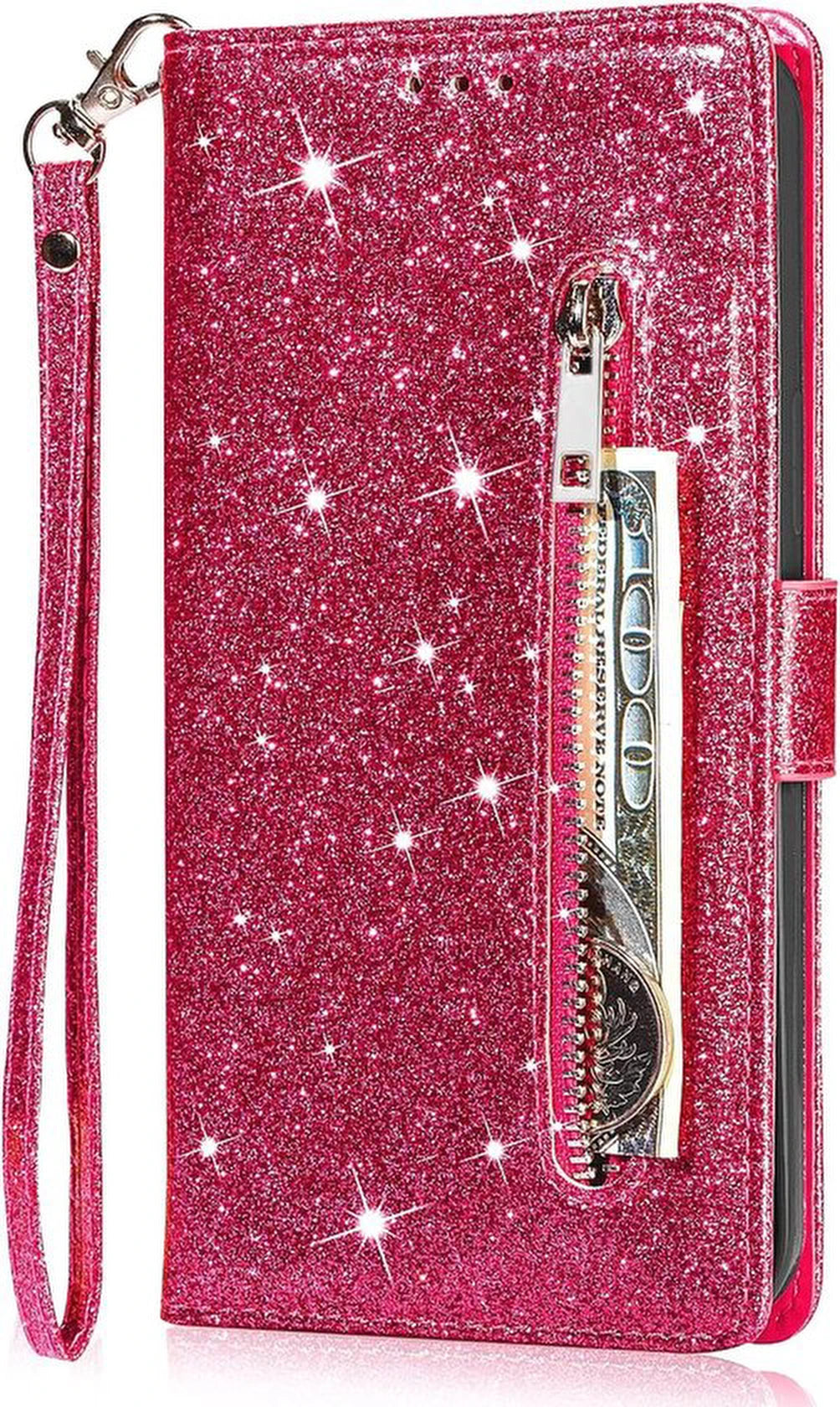 Sparkly Glitter Wallet Hoesje met Rits & Koord Geschikt voor: Samsung Galaxy S23 - Roze