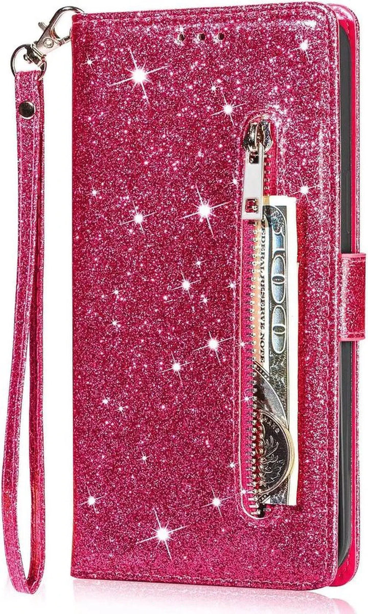 Samsung Galaxy S22 Ultra Hoesjes – Glitter Portemonnee Hoes – Rits & Koord – Pasjeshouder – Roze-Ilumina Benelux