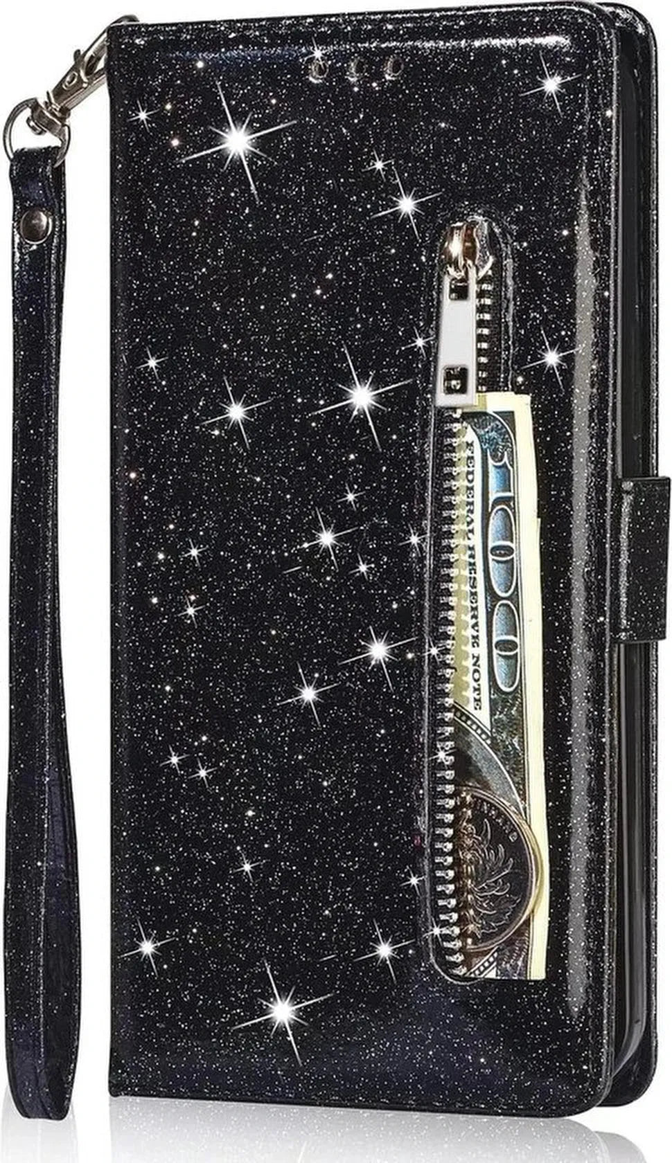 Samsung Galaxy S22 Plus Hoesjes – Glitter Portemonneehoes – Rits & Koord – Pasjeshouder – Zwart-Ilumina Benelux