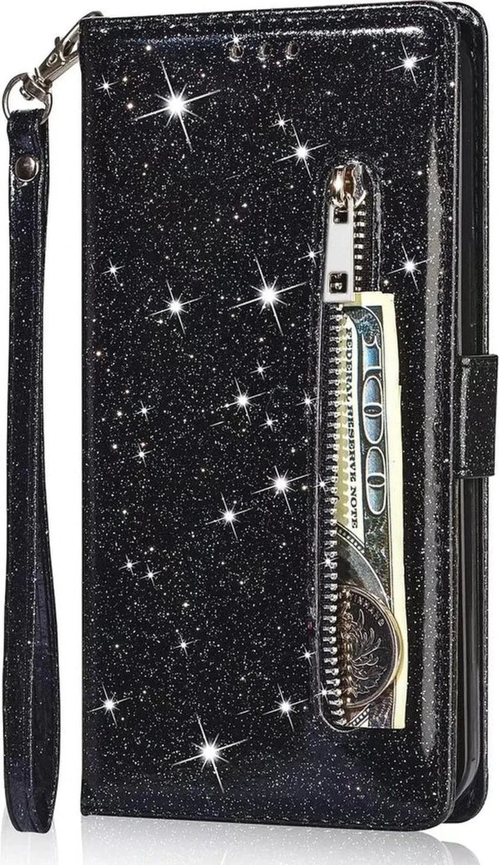 Samsung Galaxy S22 Plus Hoesjes – Glitter Portemonneehoes – Rits & Koord – Pasjeshouder – Zwart-Ilumina Benelux
